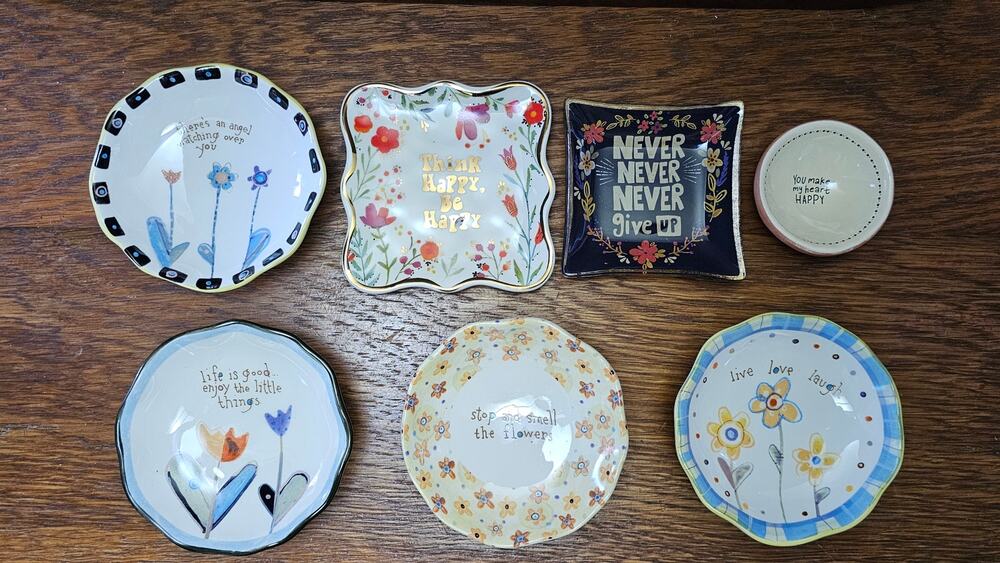Natural Life Ceramic Trinket Dish Lot (7) Boho Floral Inspirational Quote Plates